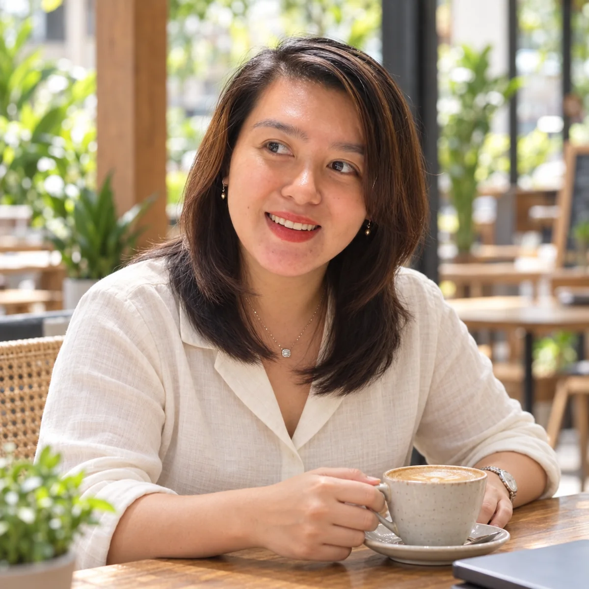 AI-assisted portrait of Ladie Lee sharing a relaxed laugh at a café