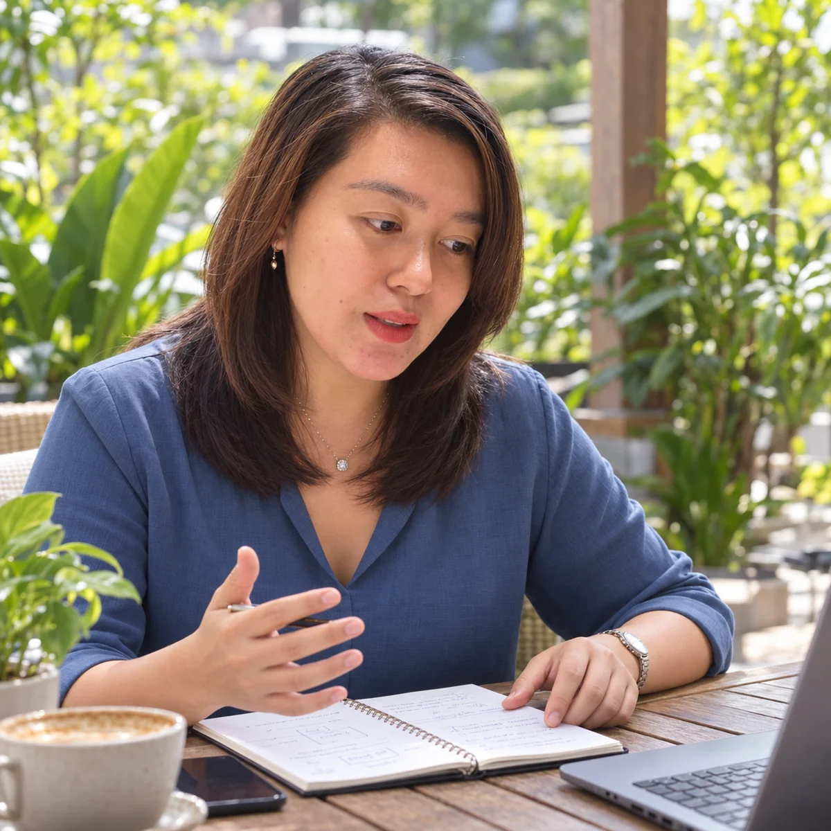 AI-assisted scene of Ladie Lee concentrating on a notebook during a planning conversation