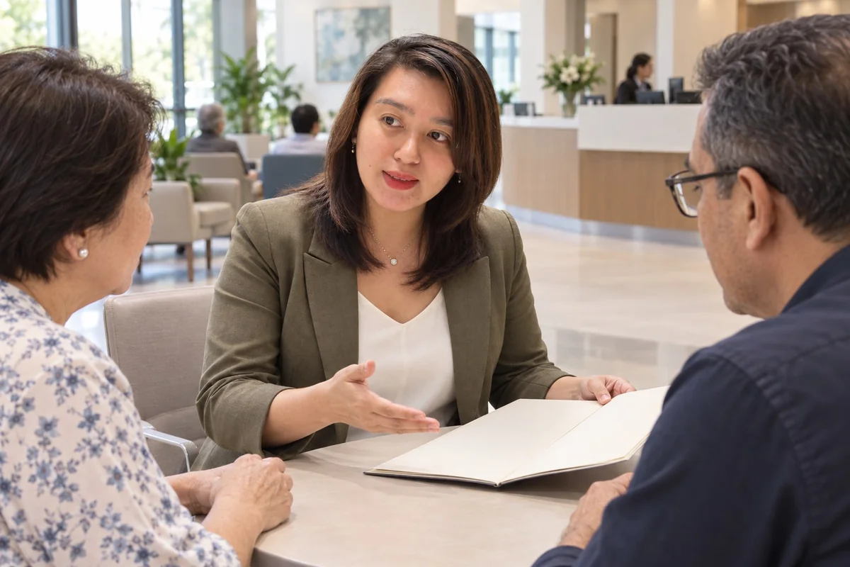 Illustrative scene of Ladie Lee discussing practical arrangements with visitors in a hospital reception