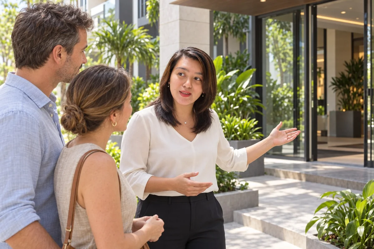 Illustrative scene of Ladie Lee discussing a property visit with visitors