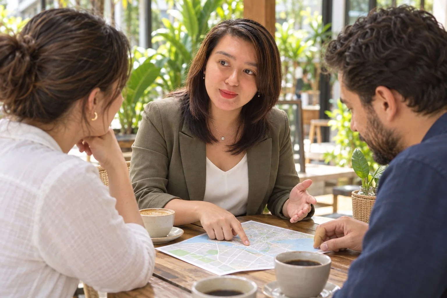 Illustrative scene of Ladie Lee discussing plans with visitors